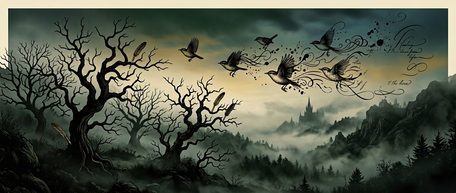 Dark gothic landscape with wrens flying through bare trees and ink splatters against a misty sky